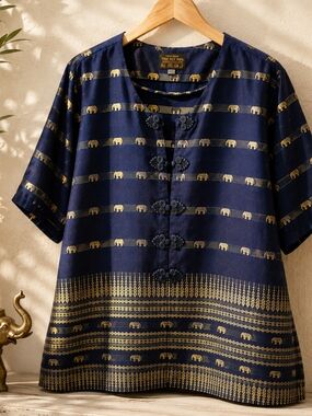 Thai Silk 100% Navy Gold Elephant Jacket Top Frog Closure XXL 24" PTP